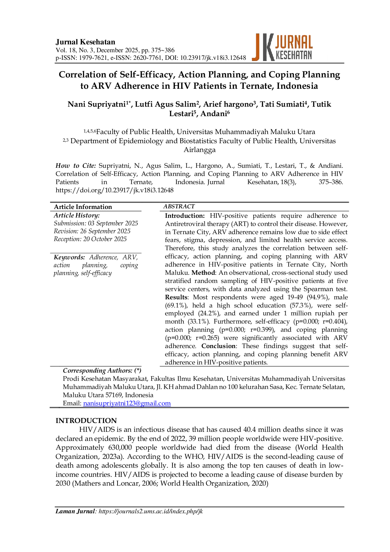 JURIS Correlation of Self Efficacy Action Planning and Coping Planning to ARV Adherence in HIV Patients in Ternate Indonesia