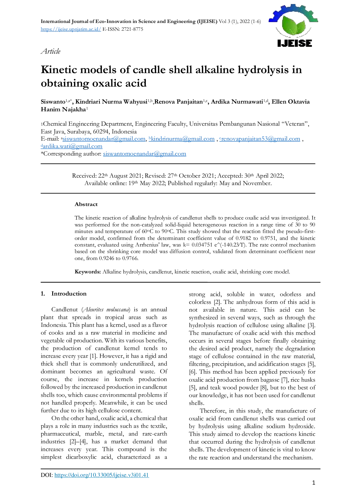 JURIS Kinetic models of candle shell alkaline hydrolysis in obtaining oxalic acid