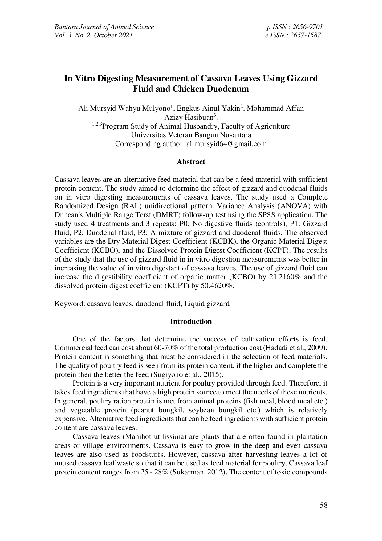 JURIS In Vitro Digesting Measurement of Cassava Leaves Using Gizzard Fluid and Chicken Duodenum