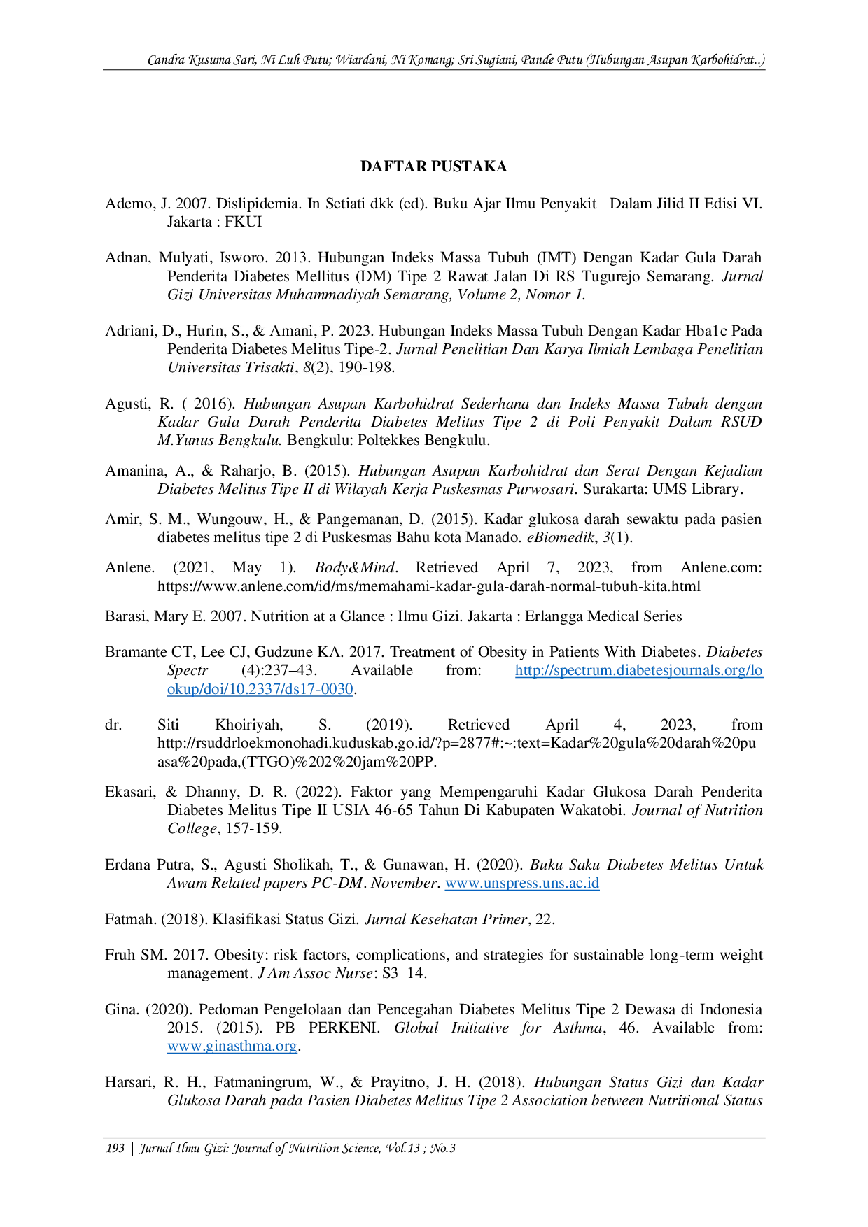 JURIS Hubungan Asupan Karbohidrat Dan Status Gizi Dengan Kadar Glukosa Darah Penderita Diabetes Mellitus Tipe II Di Puskesmas Penebel II Kabupaten Tabanan