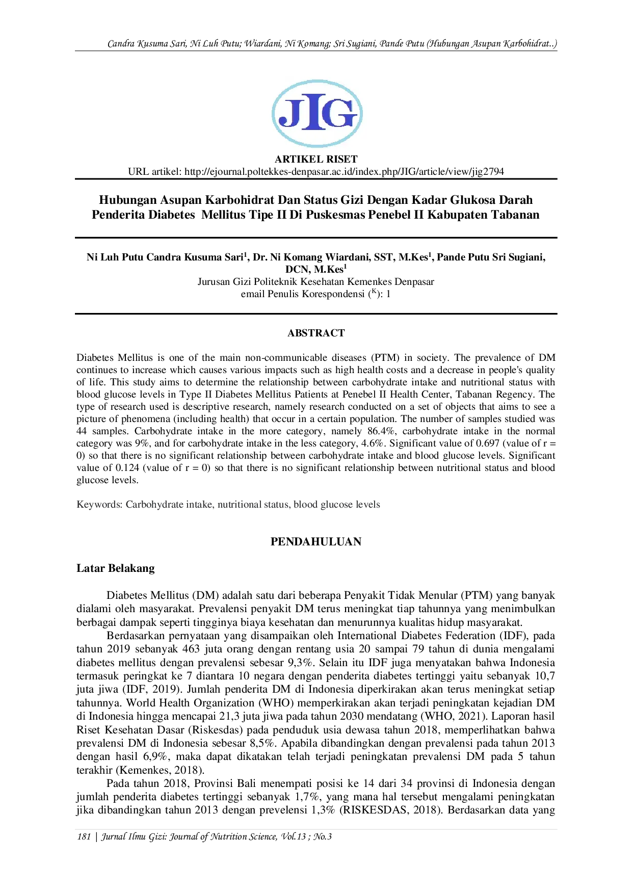JURIS Hubungan Asupan Karbohidrat Dan Status Gizi Dengan Kadar Glukosa Darah Penderita Diabetes Mellitus Tipe II Di Puskesmas Penebel II Kabupaten Tabanan