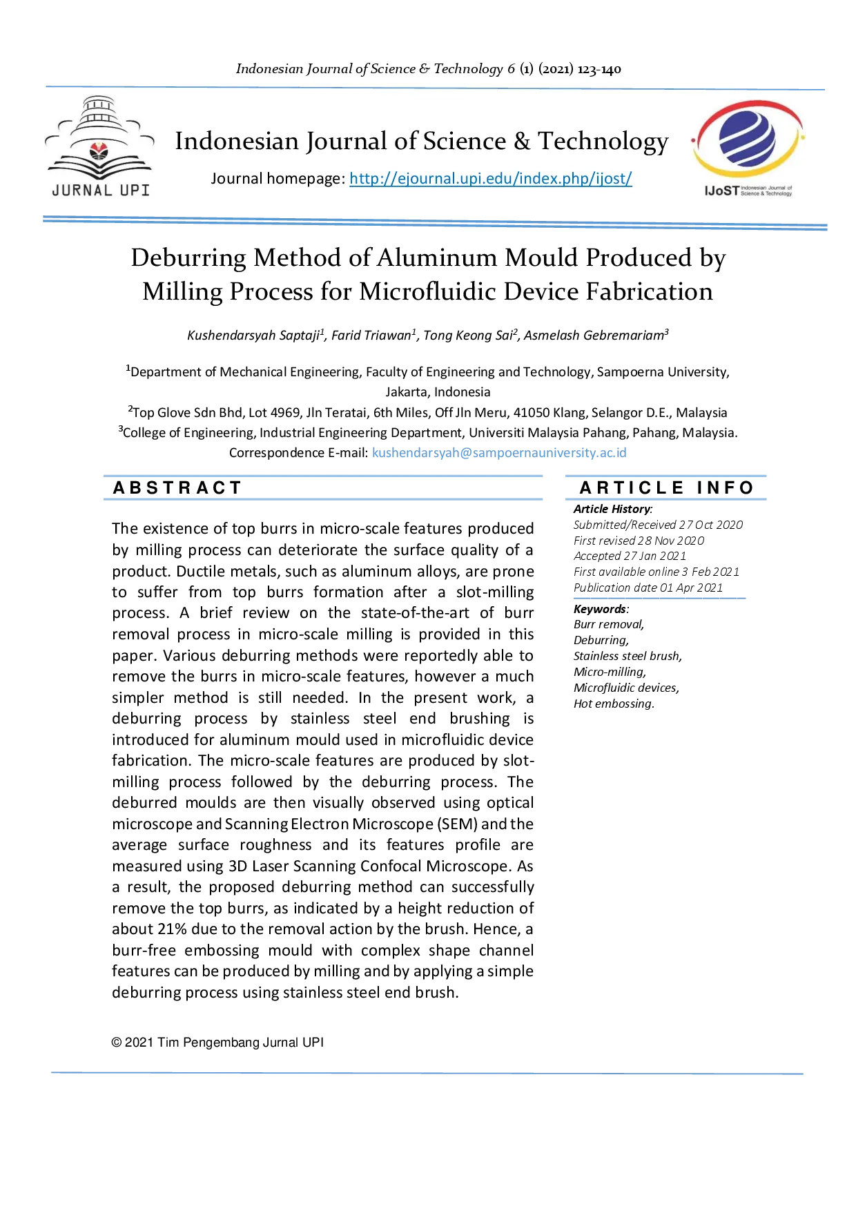 juris Deburring Method of Aluminum Mould Produced by Milling Process for Microfluidic Device Fabrication