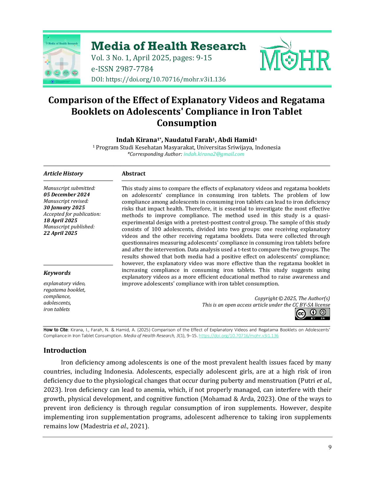 JURIS Comparison of the Effect of Explanatory Videos and Regatama Booklets on Adolescents Compliance in Iron Tablet Consumption
