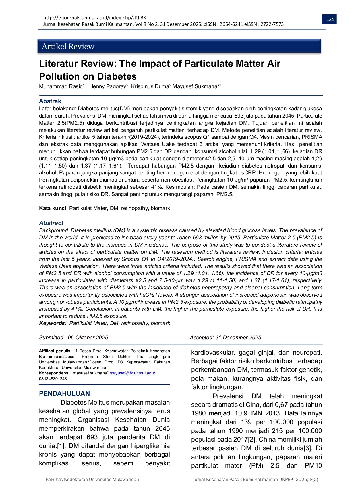 JURIS Literature Review The Effect of Particulate Matter Pollutants on Diabetes Mellitus