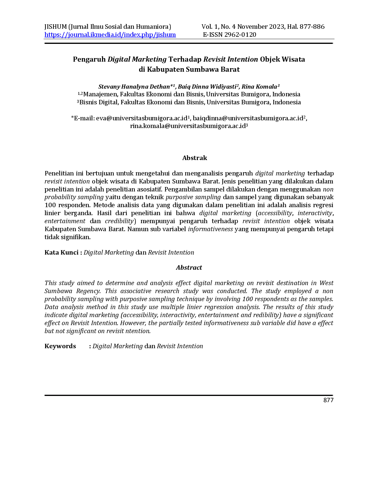 juris Pengaruh Digital Marketing Terhadap Revisit Intention Objek Wisata di Kabupaten Sumbawa Barat