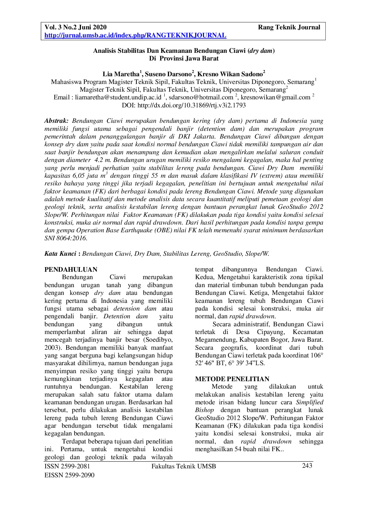 JURIS Analisis Stabilitas dan Keamanan Bendungan Ciawi Dry Dam di Provinsi Jawa Barat