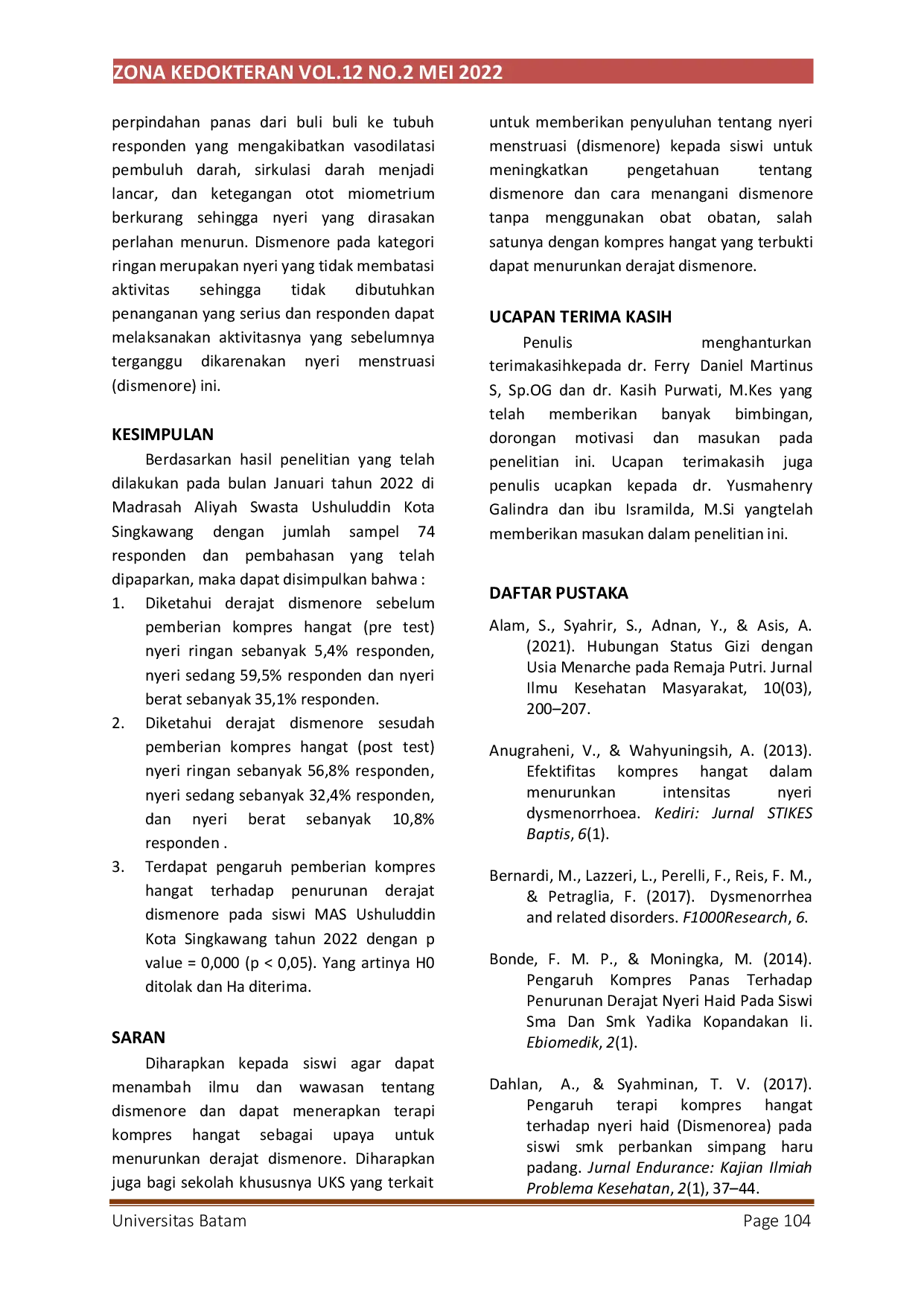JURIS Pengaruh Pemberian Kompres Hangat Terhadap Penurunan Derajat Dismenore Pada Siswi Mas Ushuluddin Kota Singkawang