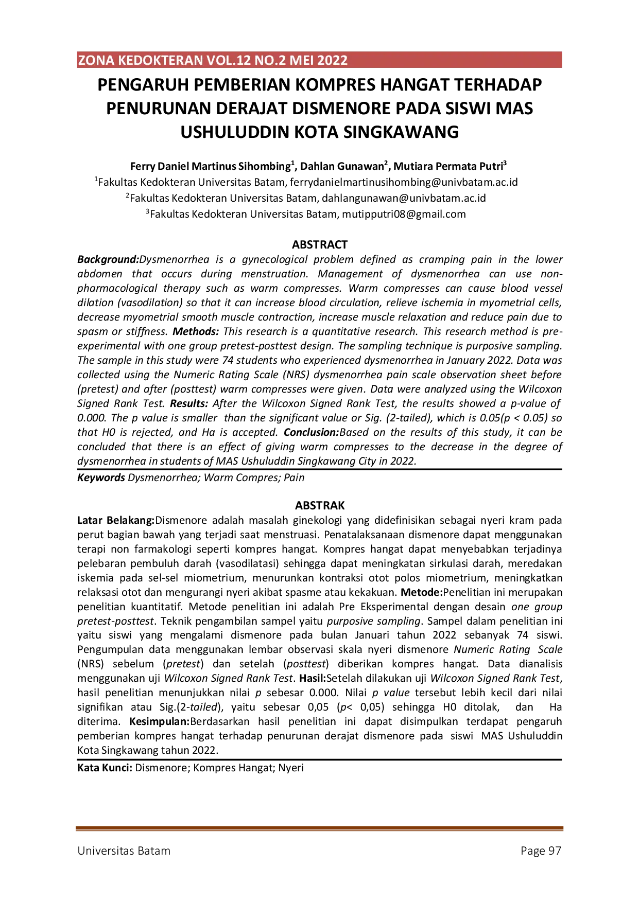 JURIS Pengaruh Pemberian Kompres Hangat Terhadap Penurunan Derajat Dismenore Pada Siswi Mas Ushuluddin Kota Singkawang
