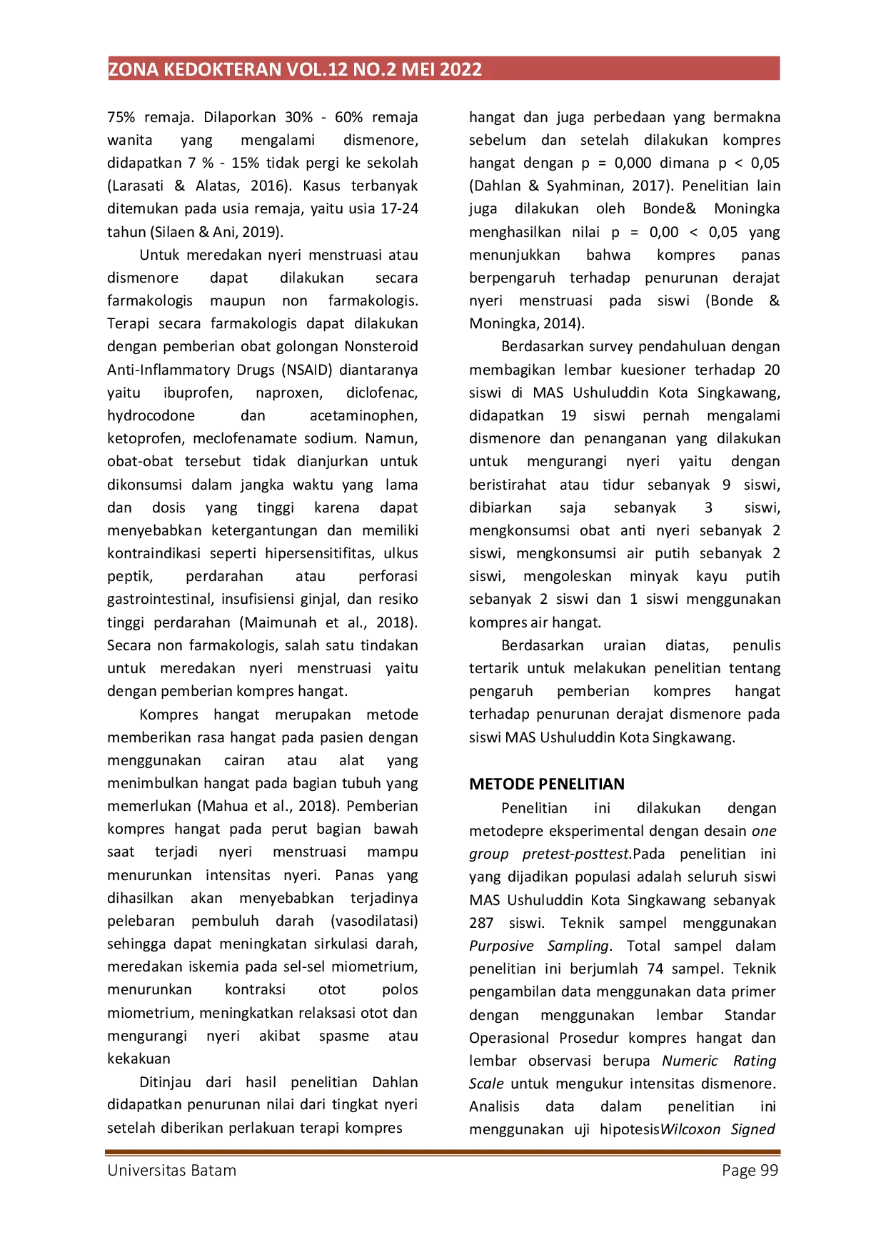 JURIS Pengaruh Pemberian Kompres Hangat Terhadap Penurunan Derajat Dismenore Pada Siswi Mas Ushuluddin Kota Singkawang