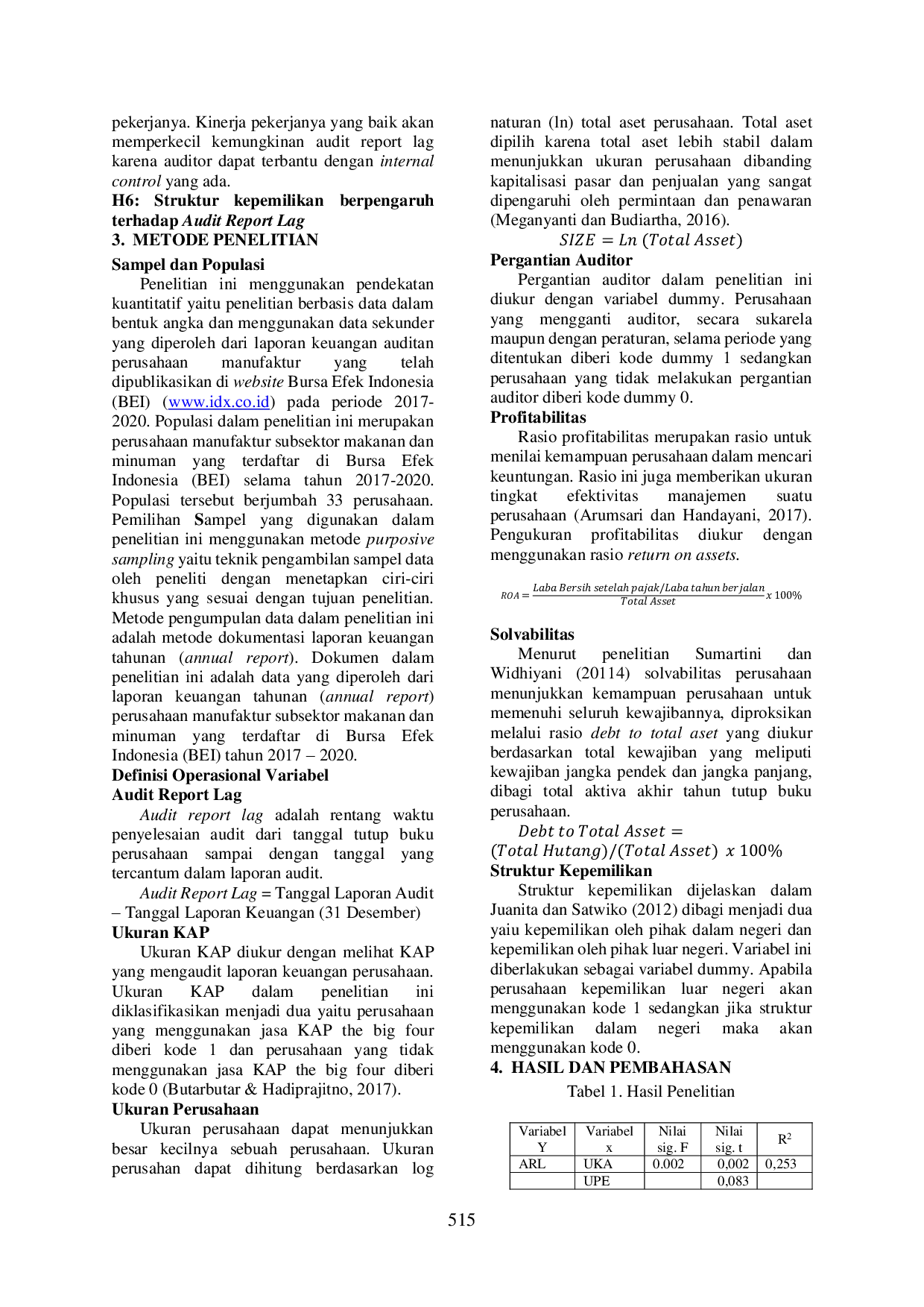 JURIS ANALISIS FAKTOR FAKTOR YANG MEMPENGARUHI AUDIT REPORT LAG PADA PERUSAHAAN MANUFAKTUR YANG TERDAFTAR DI BURSA EFEK INDONESIA Studi Empiris pada Perusahaan Subsektor Makanan dan Minuman Yang Terdaftar