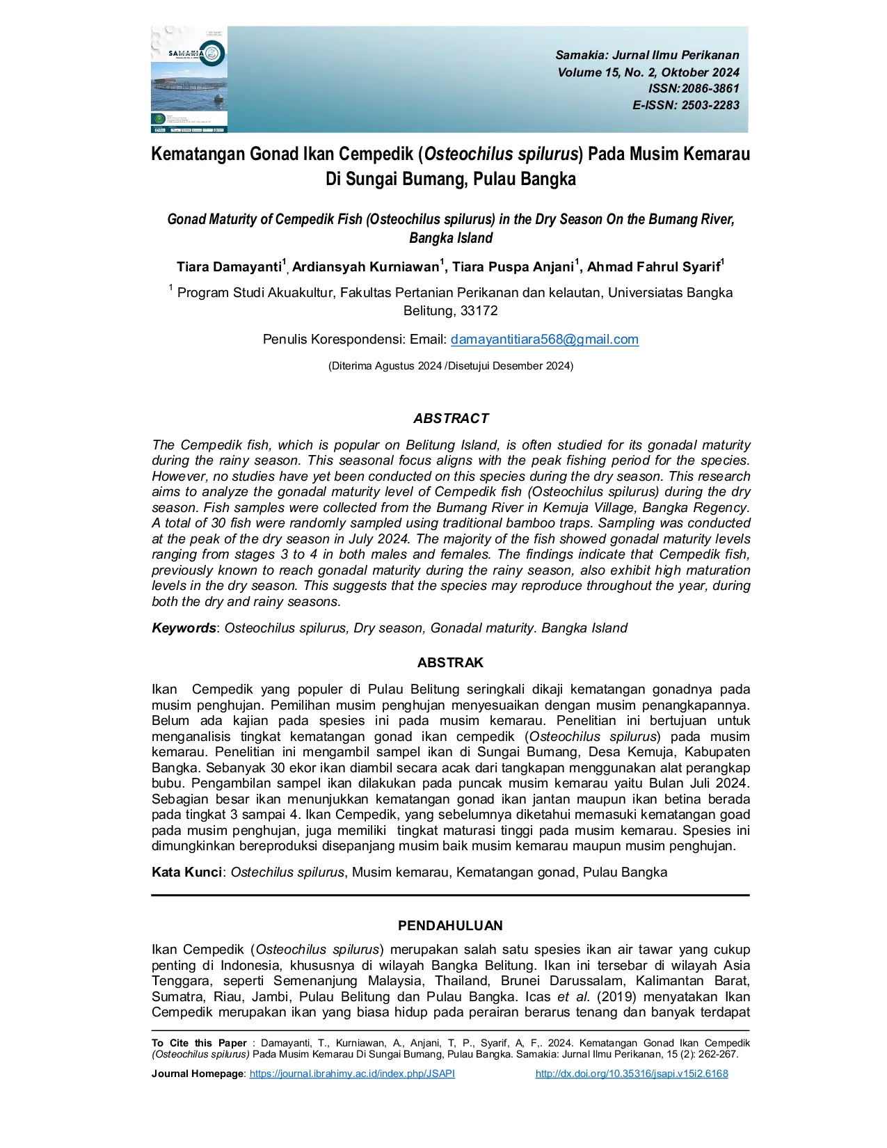 JURIS Kematangan Gonad Ikan Cempedik Osteochilus spilurus Pada Musim Kemarau Di Sungai Bumang Pulau Bangka