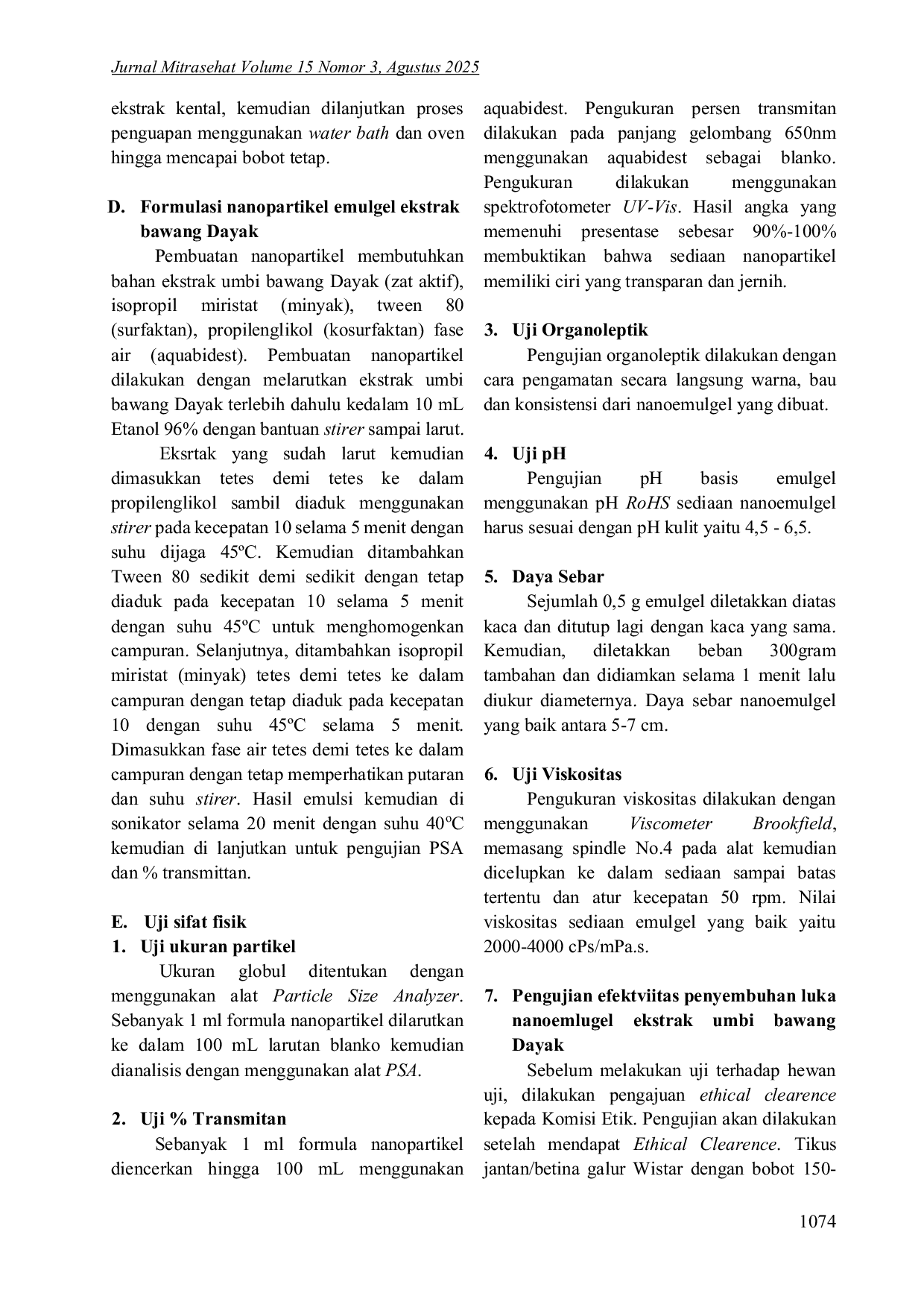 JURIS Characteristics Of Nanoemulgel Formulation Of Dayak Onion Bulb Extract For Diabetic Wound Healing