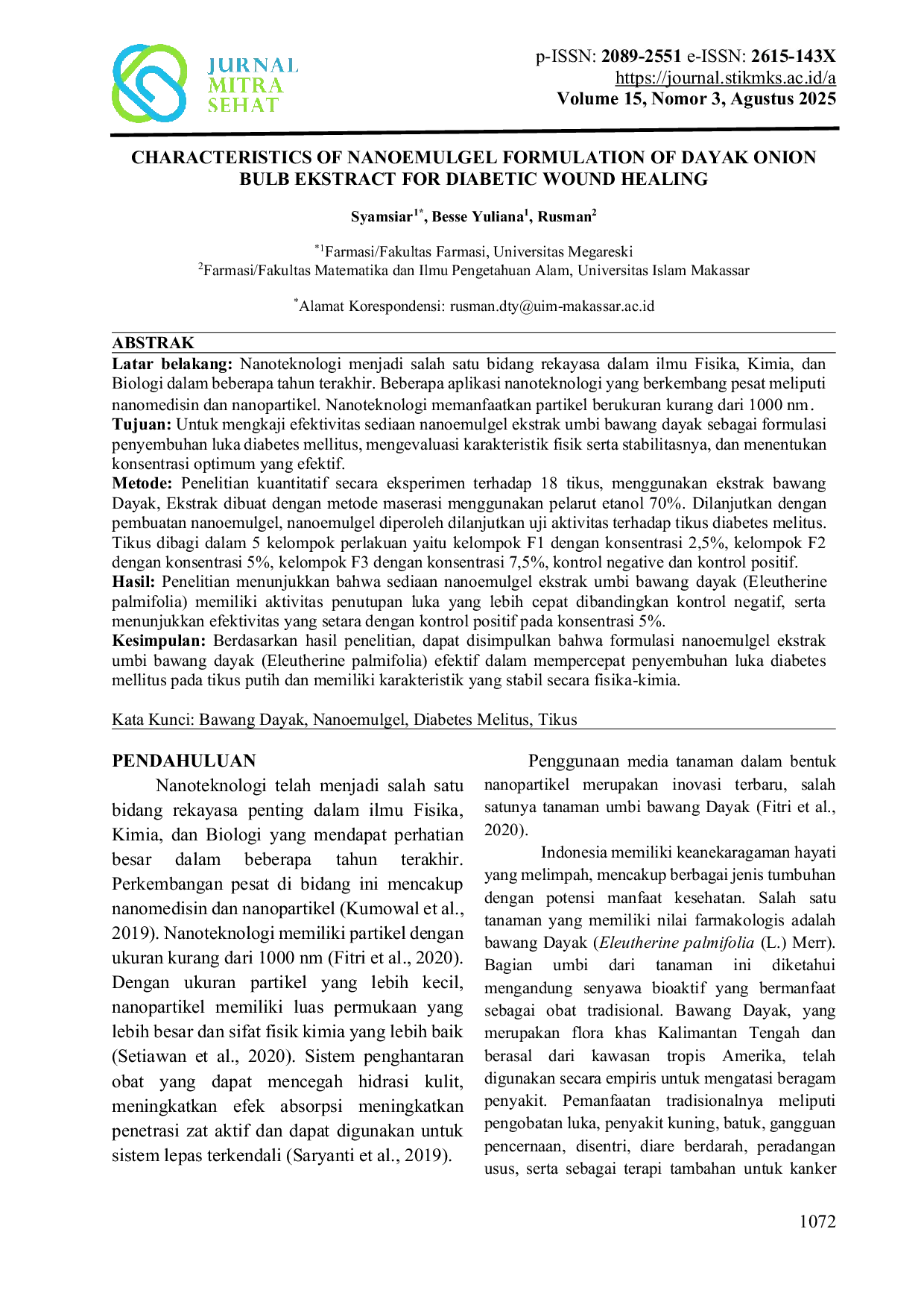 JURIS Characteristics Of Nanoemulgel Formulation Of Dayak Onion Bulb Extract For Diabetic Wound Healing