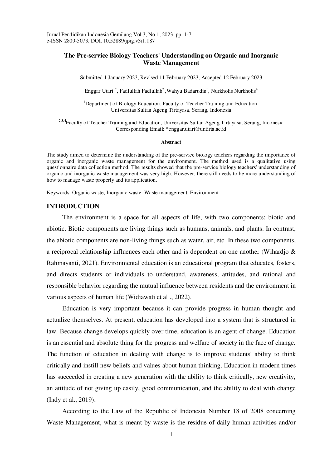 juris The Pre service Biology Teachers Understanding on Organic and Inorganic Waste Management