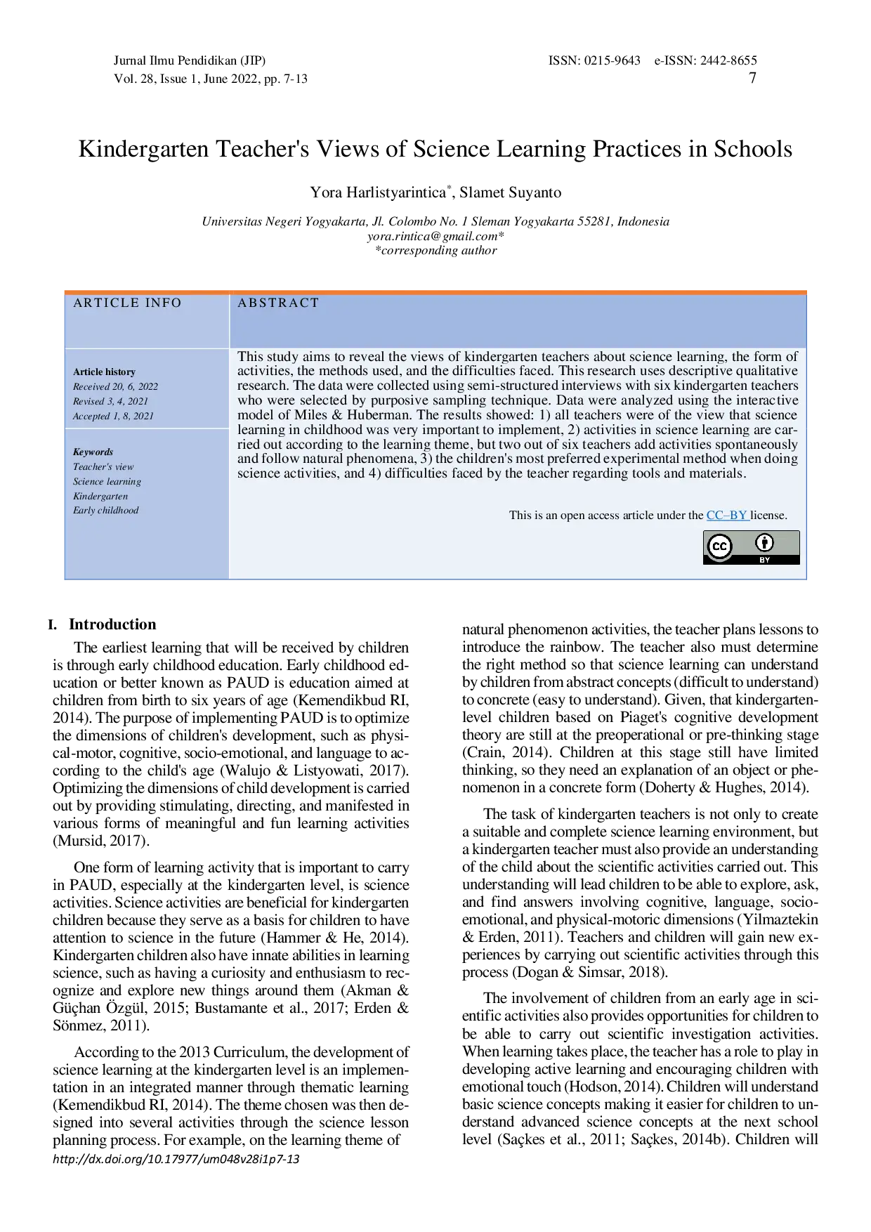 JURIS Kindergarten Teacher s Views of Science Learning Practices in Schools