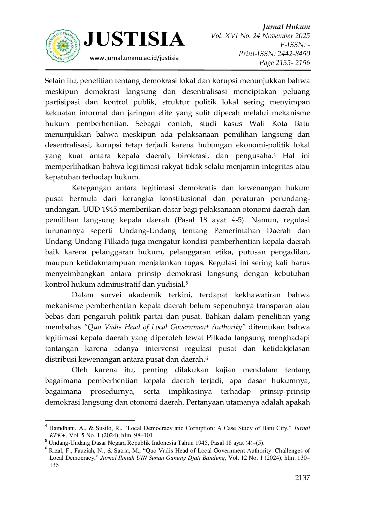 JURIS Pemberhentian Kepala Daerah di Era Demokrasi Langsung Dinamika Problematika dan Implikasi Terhadap Tata Kelola Pemerintahan Daerah di Indonesia