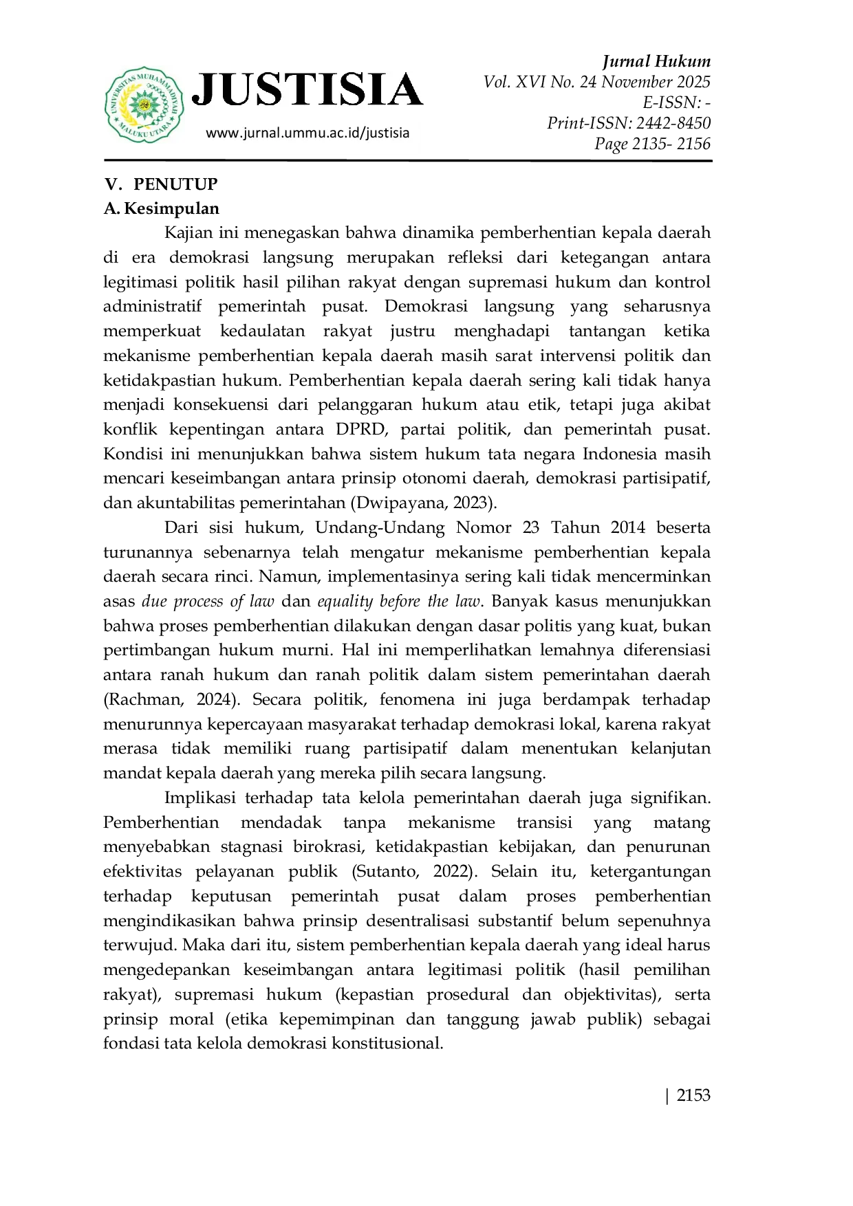 JURIS Pemberhentian Kepala Daerah di Era Demokrasi Langsung Dinamika Problematika dan Implikasi Terhadap Tata Kelola Pemerintahan Daerah di Indonesia