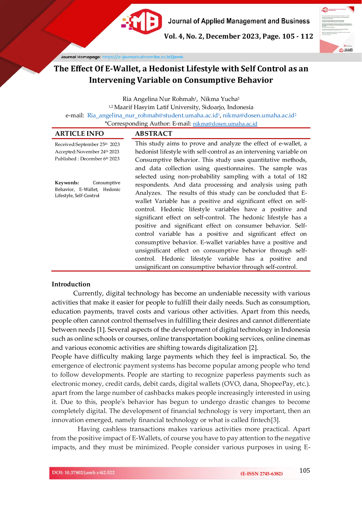 JURIS The Effect Of E Wallet a Hedonist Lifestyle with Self Control as an Intervening Variable on Consumptive Behavior
