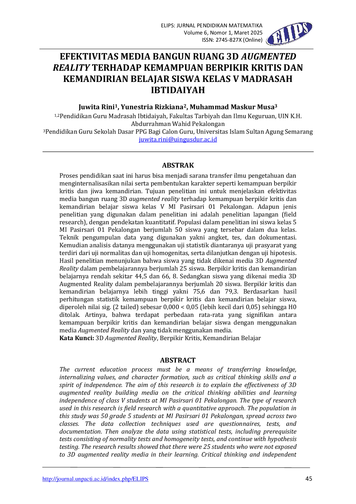 JURIS Efektivitas Media Bangun Ruang 3D Augmented Reality Terhadap Kemampuan Berpikir Kritis Dan Kemandirian Belajar Siswa Kelas V Madrasah Ibtidaiyah
