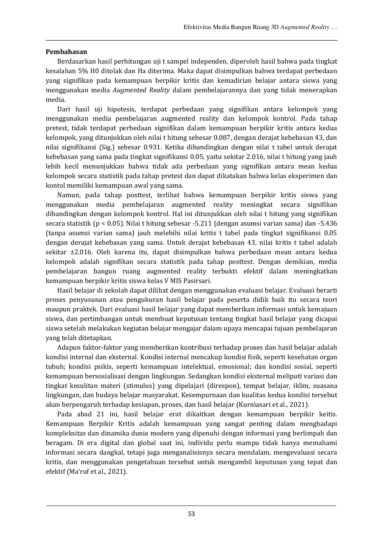 JURIS Efektivitas Media Bangun Ruang 3D Augmented Reality Terhadap Kemampuan Berpikir Kritis Dan Kemandirian Belajar Siswa Kelas V Madrasah Ibtidaiyah