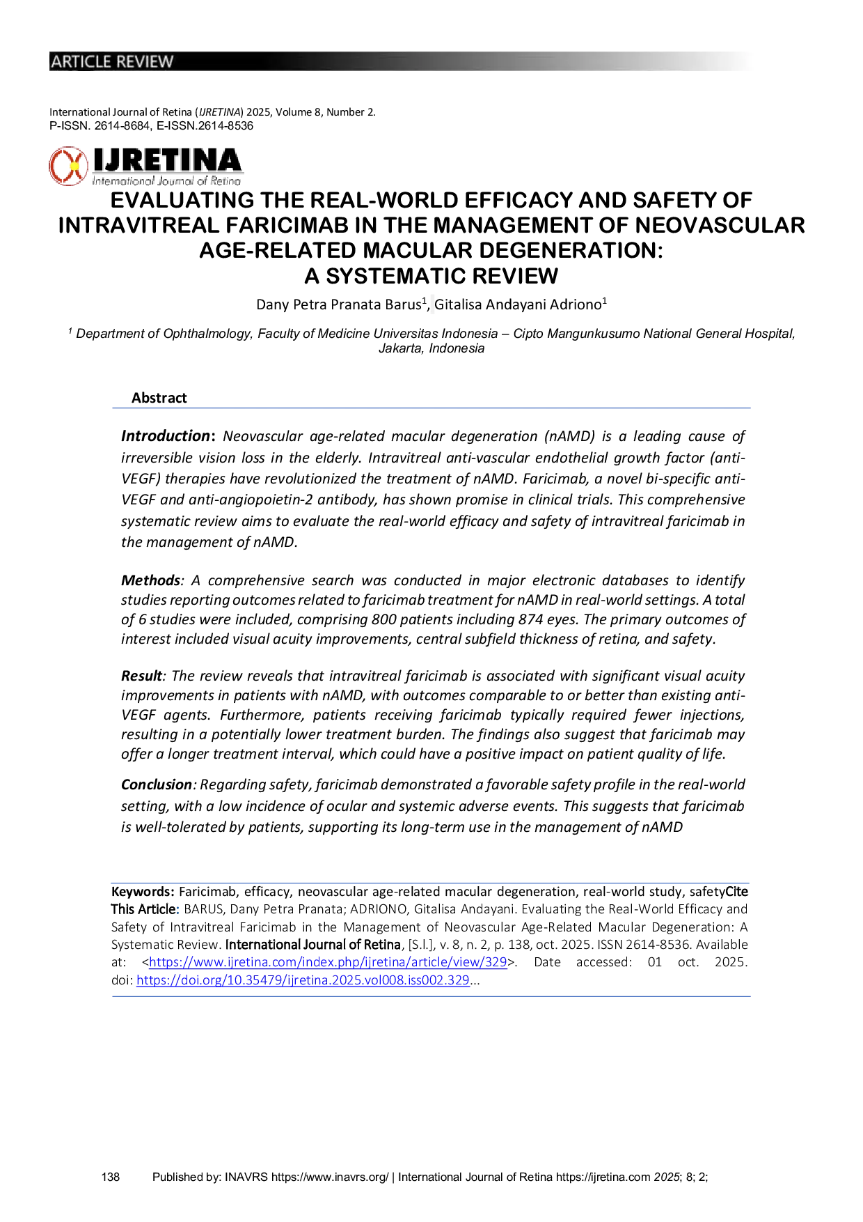 JURIS Evaluating the Real World Efficacy and Safety of Intravitreal Faricimab in the Management of Neovascular Age Related Macular Degeneration A Systematic Review