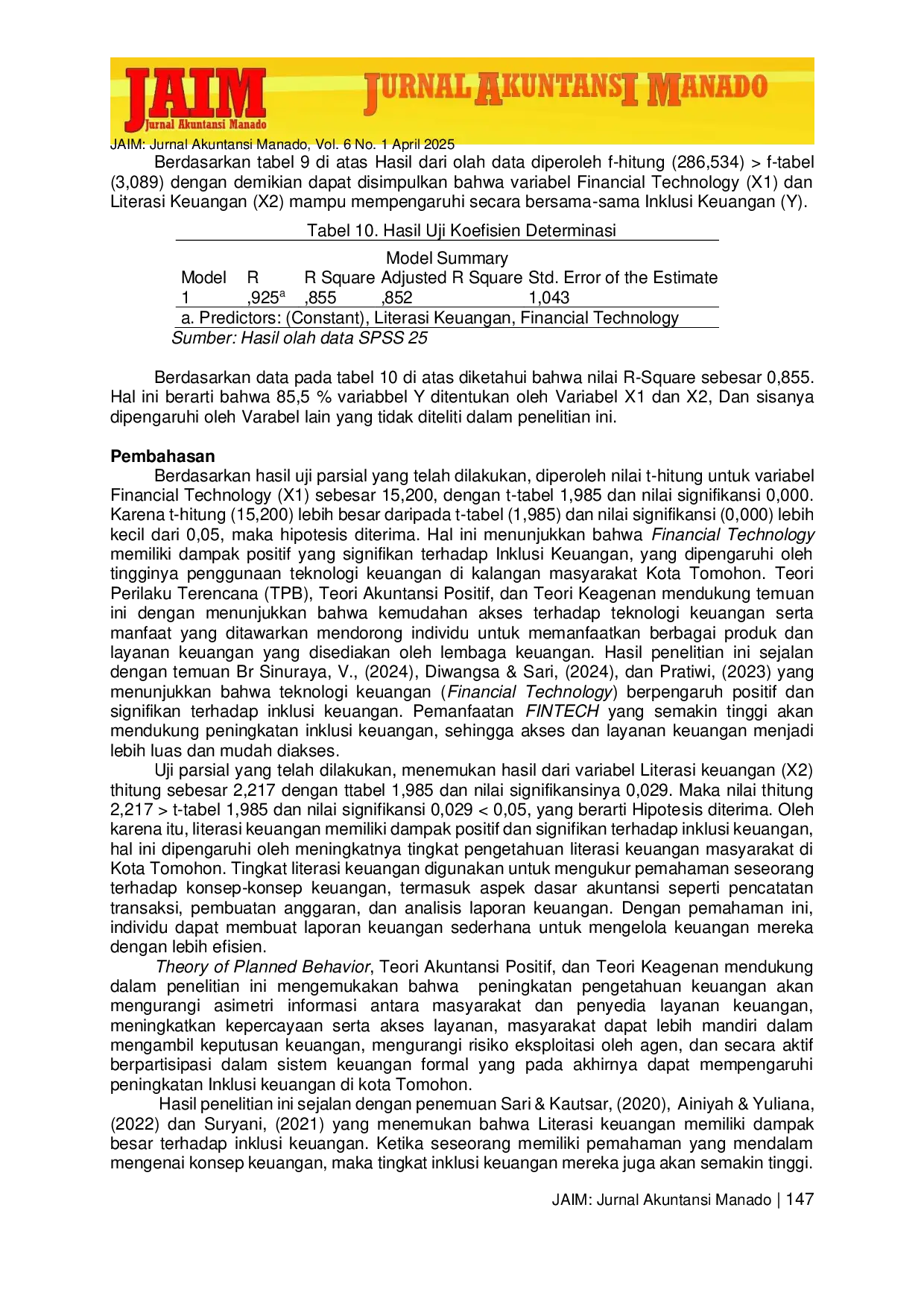 JURIS Pengaruh Financial Technology dan Literasi Keuangan Terhadap Inklusi Keuangan di Kota Tomohon