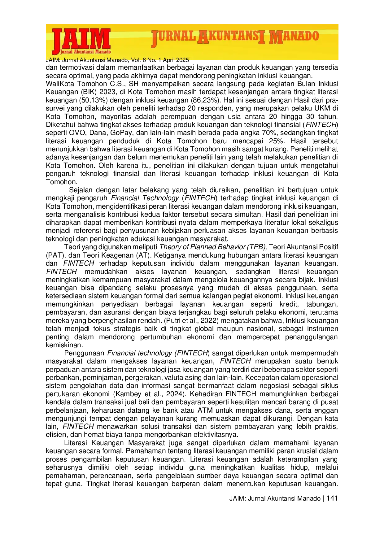 JURIS Pengaruh Financial Technology dan Literasi Keuangan Terhadap Inklusi Keuangan di Kota Tomohon
