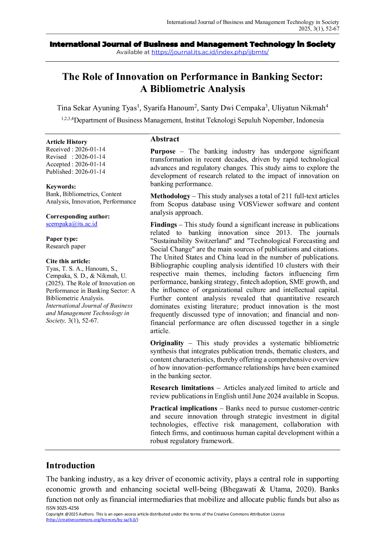JURIS The Role of Innovation on Performance in Banking Sector A Bibliometric Analysis