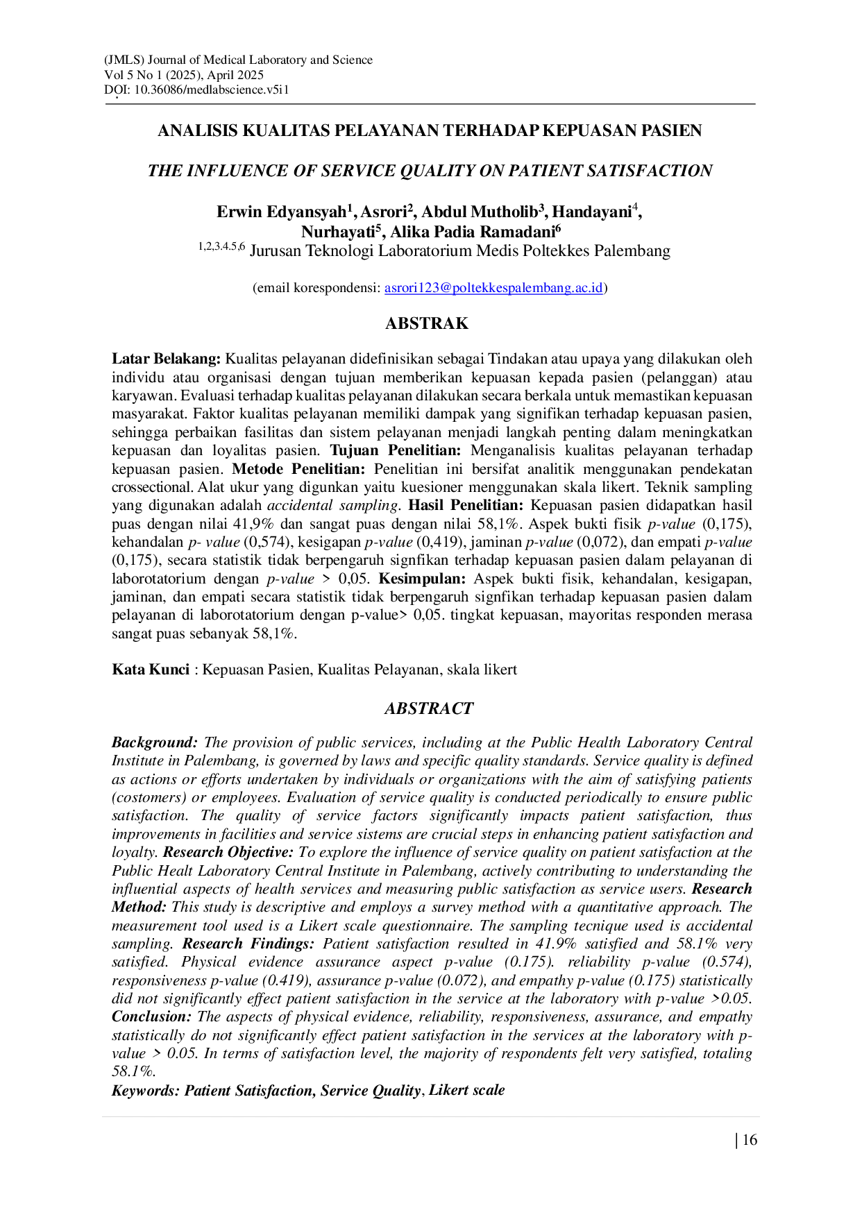 JURIS Analisis Kualitas Pelayanan Terhadap Kepuasan Pasien