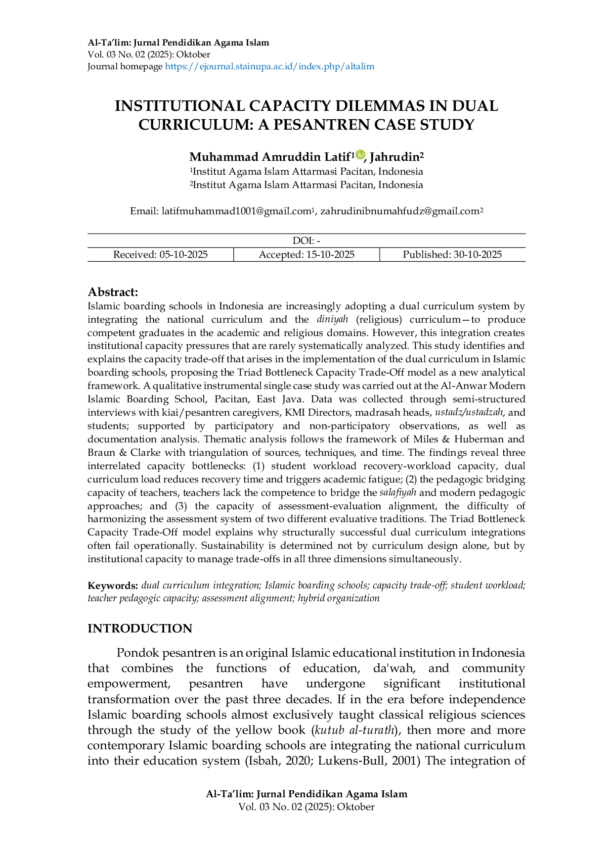 JURIS Institutional Capacity Dilemmas in Dual Curriculum A Pesantren Case Study