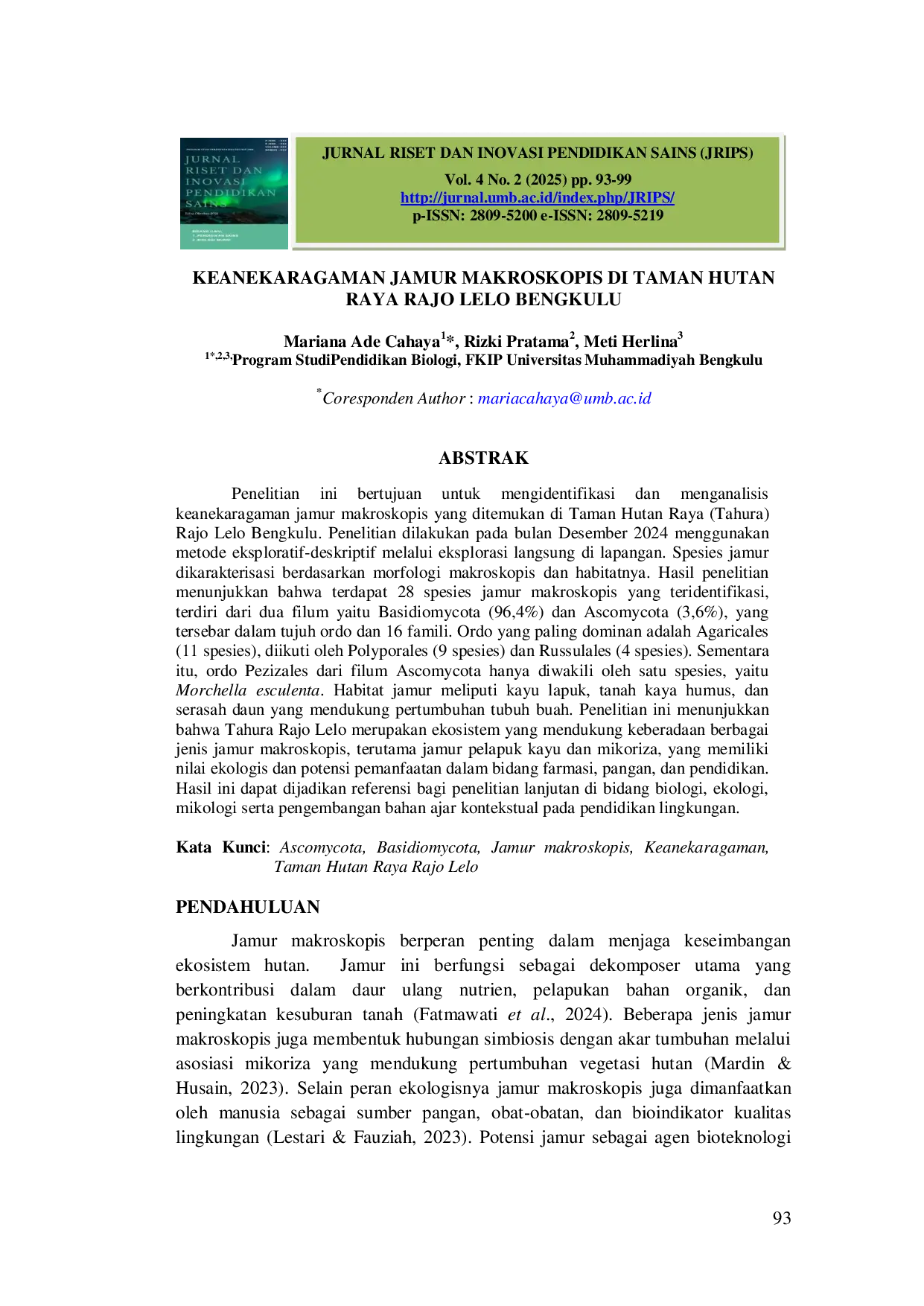 JURIS Keanekaragaman Jamur Makroskopis Di Taman Hutan Raya Rajo Lelo Bengkulu