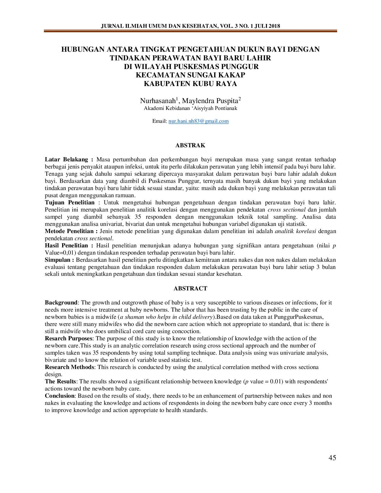 JURIS Hubungan Antara Tingkat Pengetahuan Dukun Bayi Dengan Tindakan Perawatan Bayi Baru Lahir