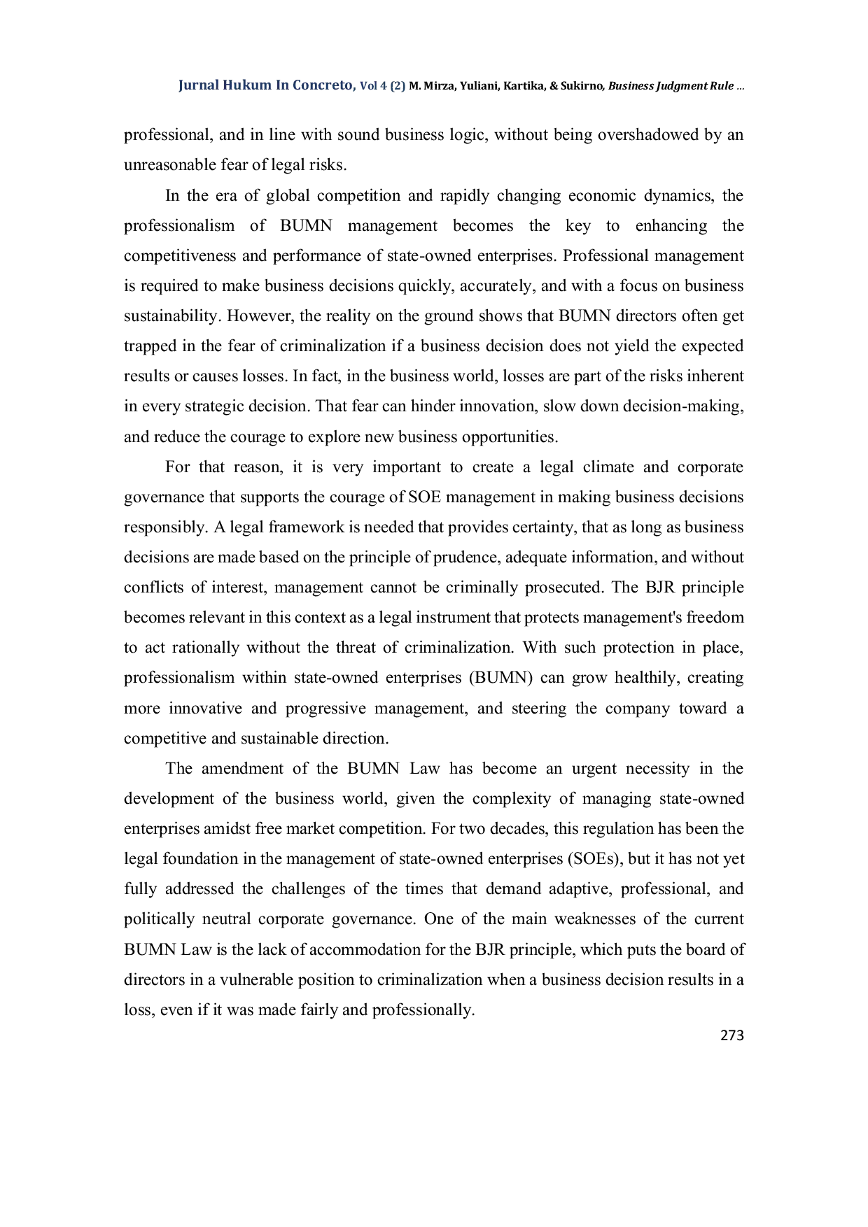 JURIS Business Judgment Rule in the Amendment of the State Owned Enterprises Law