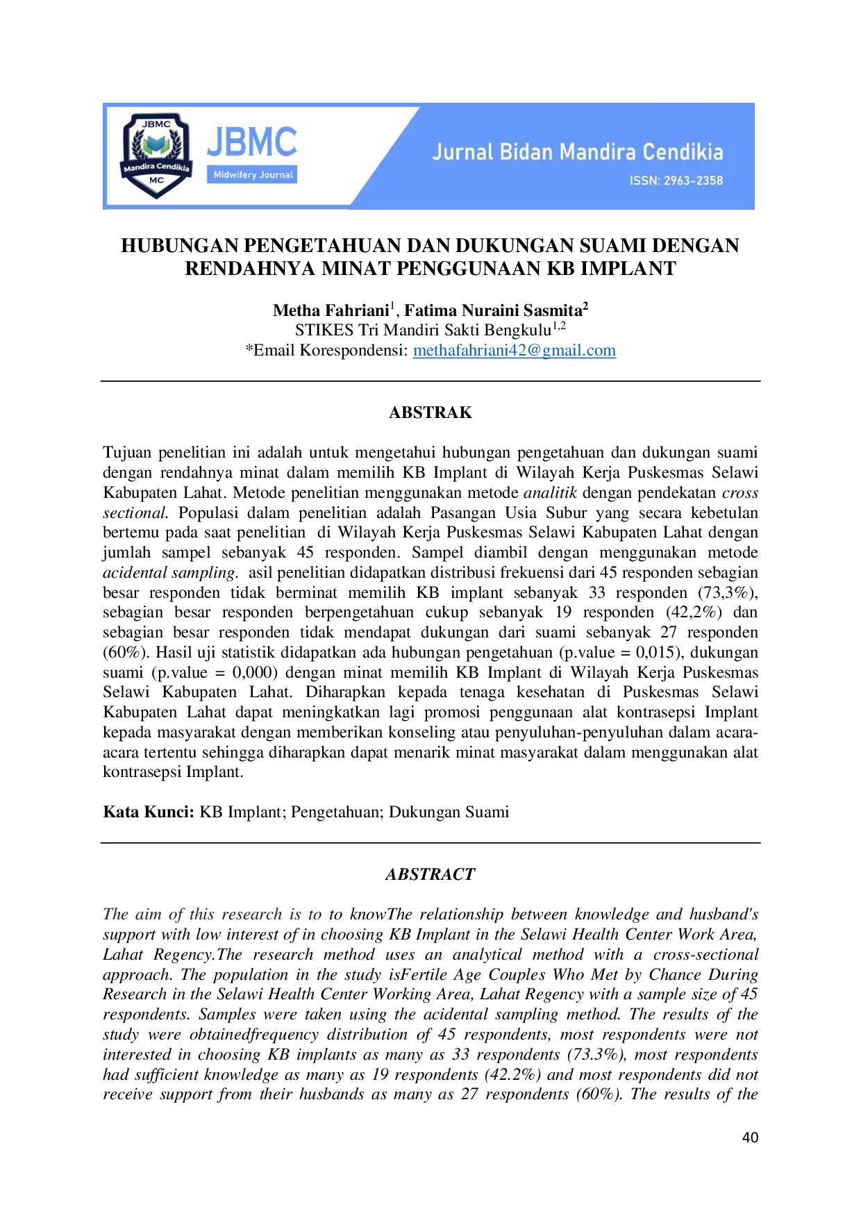 JURIS Hubungan Pengetahuan Dan Dukungan Suami Dengan Rendahnya Minat Penggunaan KB Implant