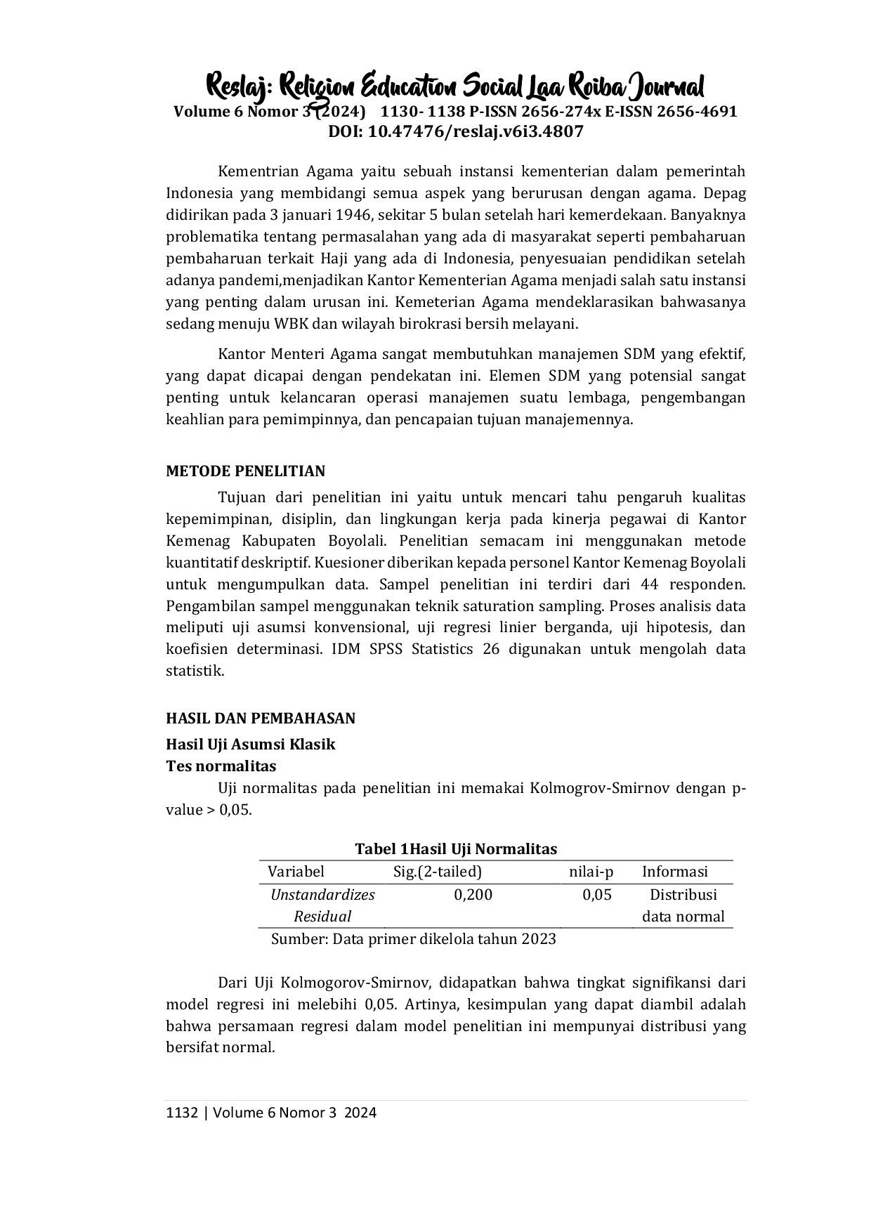 JURIS Kinerja Pegawai Ditinjau dari Kualitas Kepemimpinan Disiplin dan Lingkungan Kerja Studi Kasus dada Kantor Kementerian Agama Kabupaten Boyolali