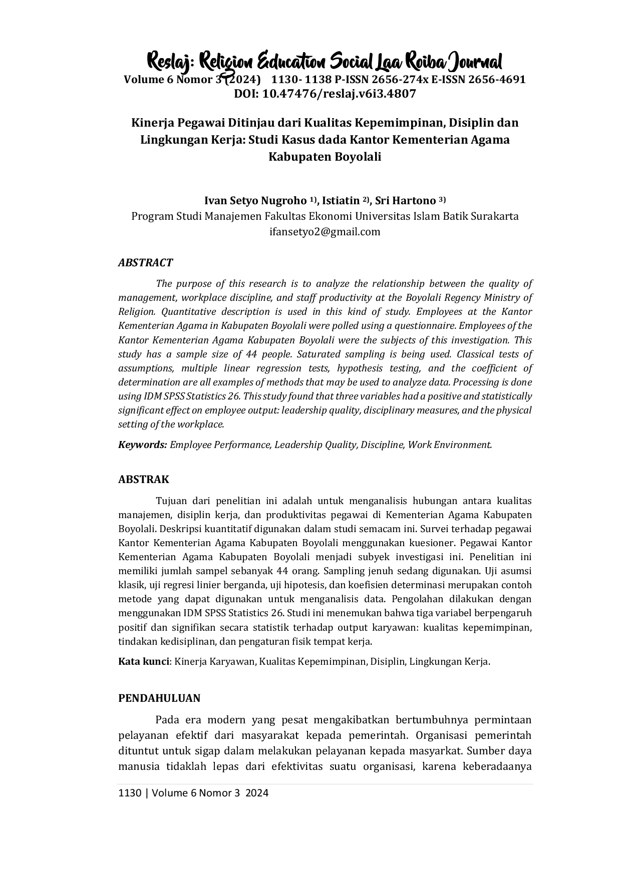 JURIS Kinerja Pegawai Ditinjau dari Kualitas Kepemimpinan Disiplin dan Lingkungan Kerja Studi Kasus dada Kantor Kementerian Agama Kabupaten Boyolali