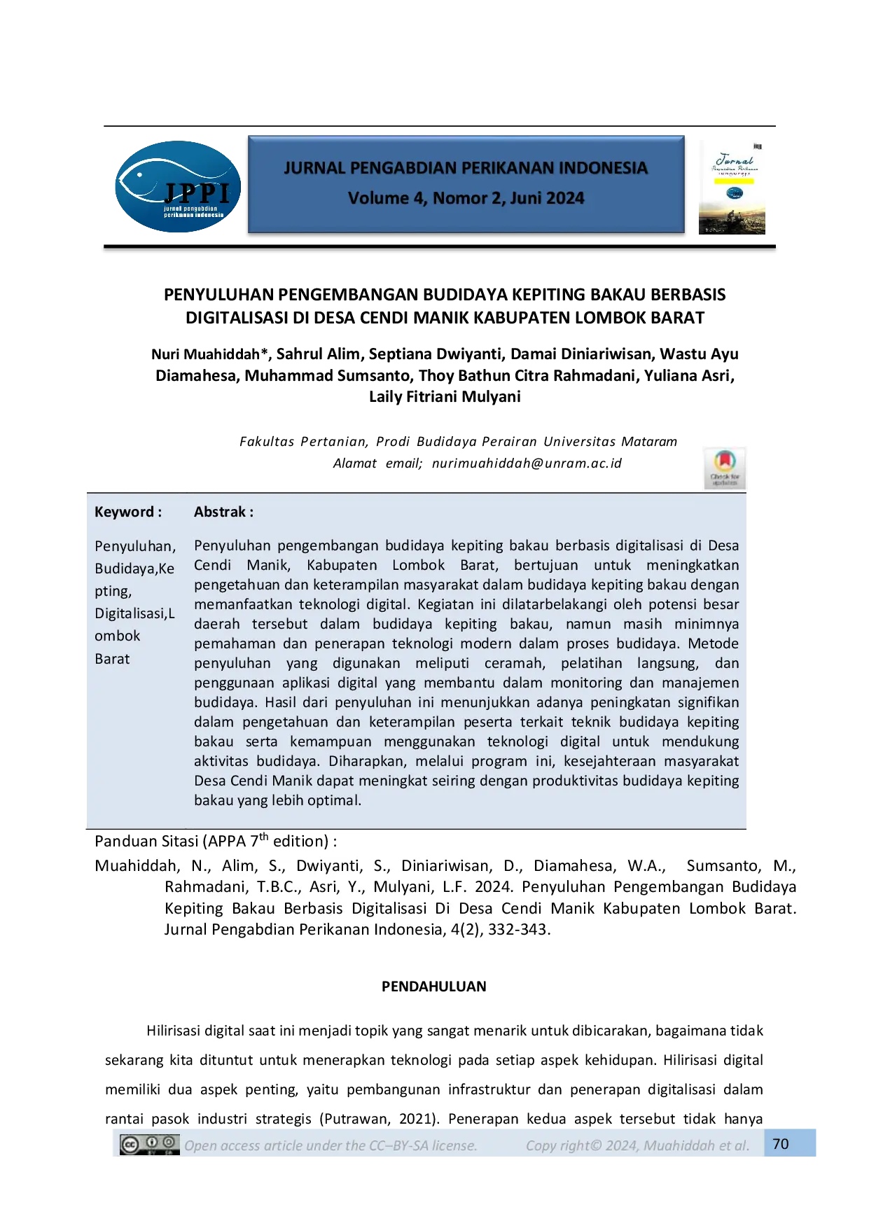 JURIS Penyuluhan Pengembangan Budidaya Kepiting Bakau Berbasis Digitalisasi Di Desa Cendi Manik Kabupaten Lombok Barat