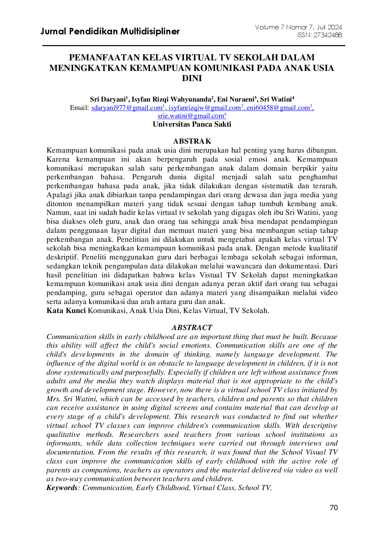juris Pemanfaatan Kelas Virtual TV Sekolah Dalam Meningkatkan Kemampuan Komunikasi Pada Anak Usia Dini