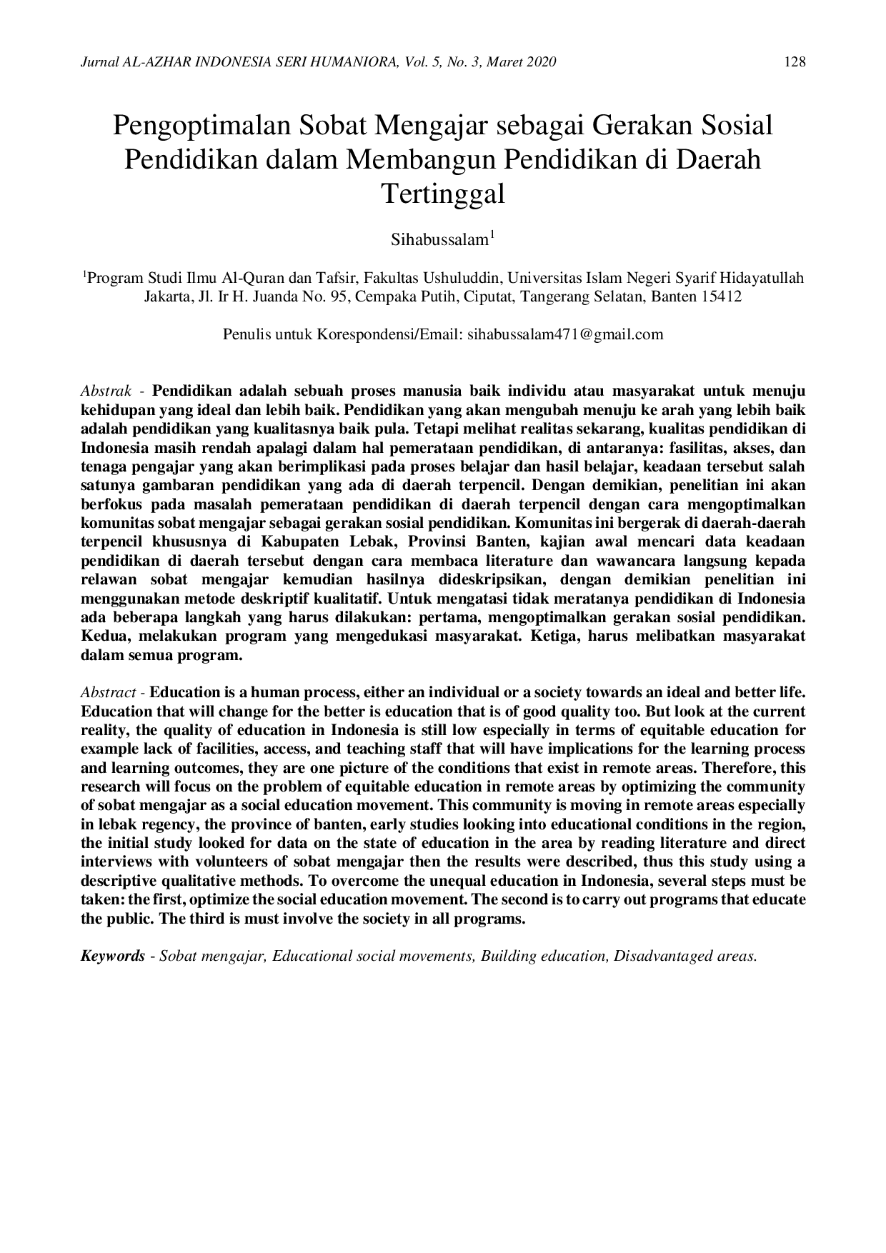 JURIS Pengoptimalan Sobat Mengajar sebagai Gerakan Sosial Pendidikan dalam Membangun Pendidikan di Daerah Tertinggal