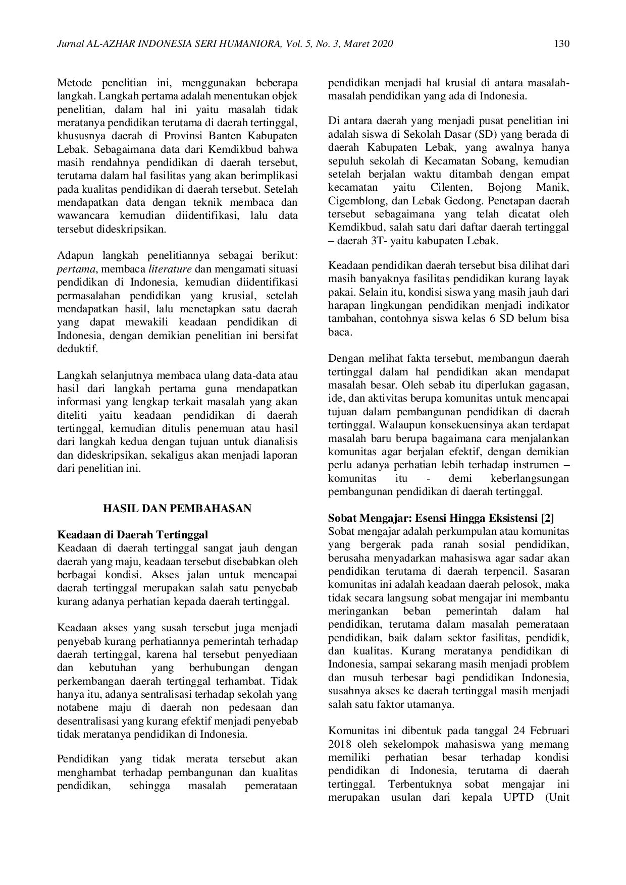 JURIS Pengoptimalan Sobat Mengajar sebagai Gerakan Sosial Pendidikan dalam Membangun Pendidikan di Daerah Tertinggal