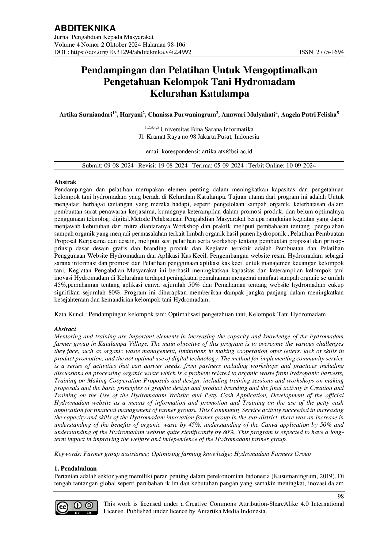 JURIS Pendampingan Dan Pelatihan Untuk Mengoptimalkan Pengetahuan Kelompok Tani Hydromadam Kelurahan Katulampa