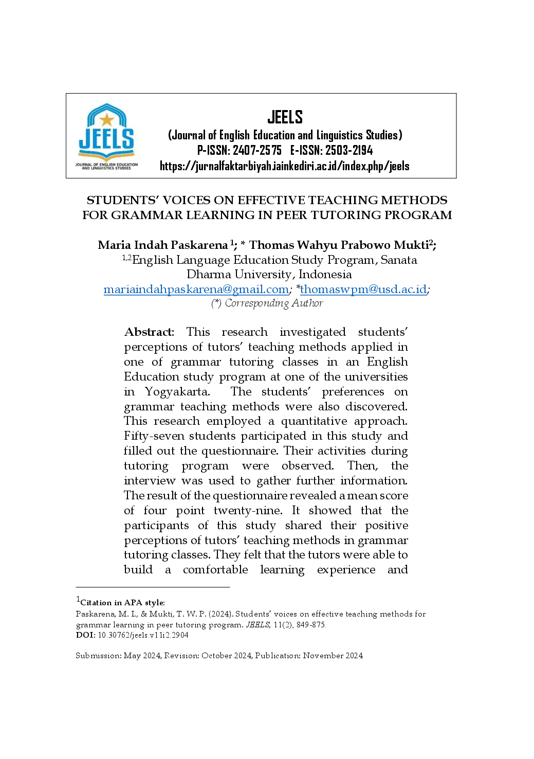 juris Students Voices on Effective Teaching Methods for Grammar Learning in Peer Tutoring Program