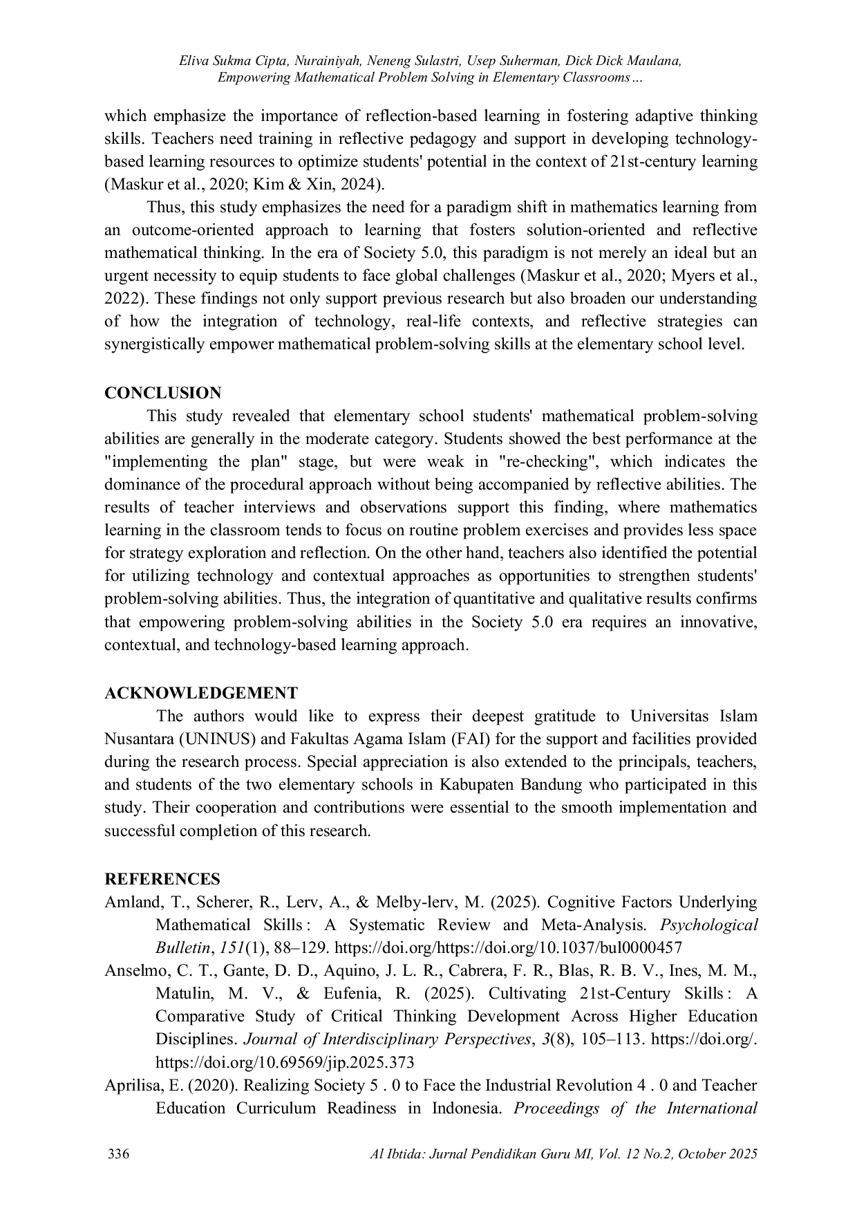 JURIS Empowering Mathematical Problem Solving in Elementary Classrooms Challenges and Opportunities in Society 5 0