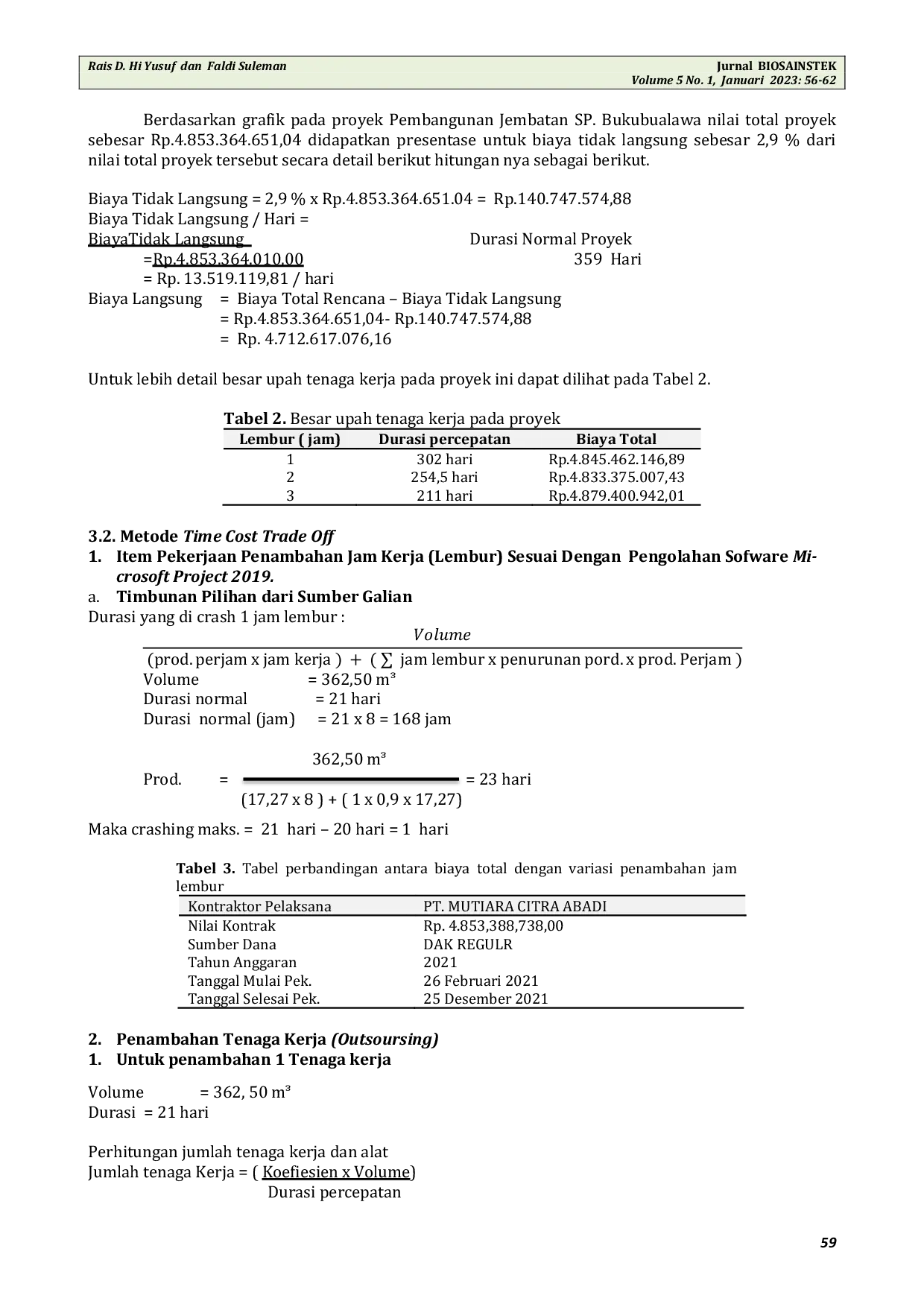 JURIS Analisis Biaya Percepatan Antara Kerja Lembur Overtime dengan Penambahan Tenaga Kerja Outsoursing Studi Kasus Pembangunan Jembatan Ruas sp Bukubuolawa