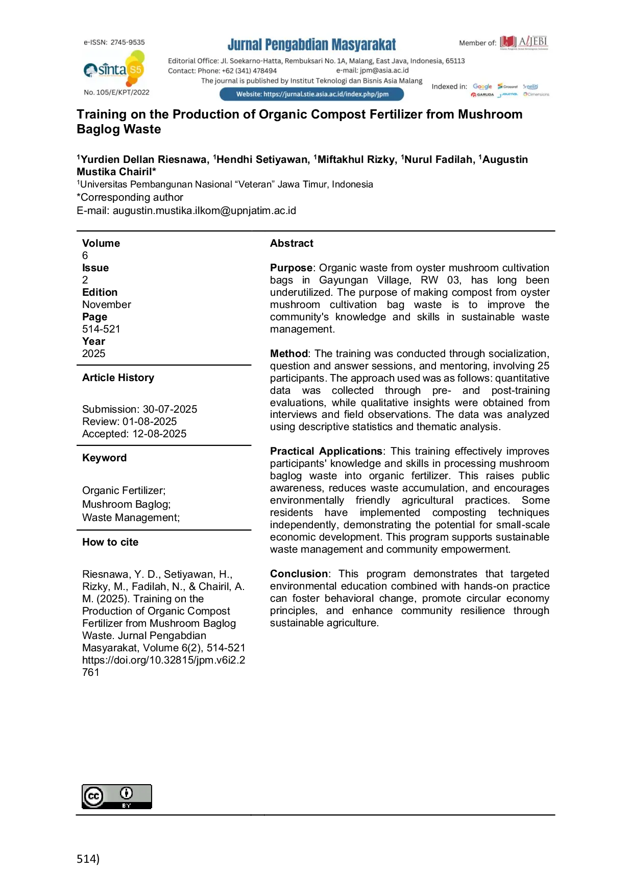 JURIS Training on the Production of Organic Compost Fertilizer from Mushroom Baglog Waste