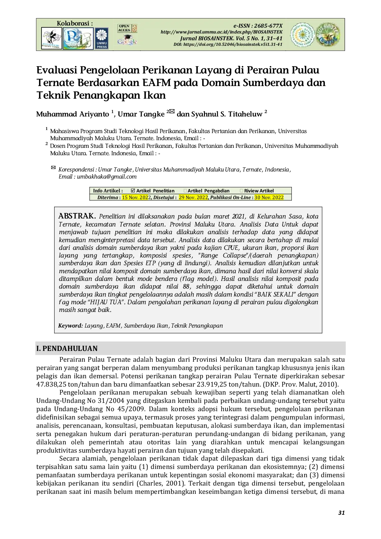 JURIS Evaluasi Pengelolaan Perikanan Layang Di Perairan Pulau Ternate Berdasarkan Eafm Pada Domain Sumberdaya Dan Teknik Penangkapan Ikan
