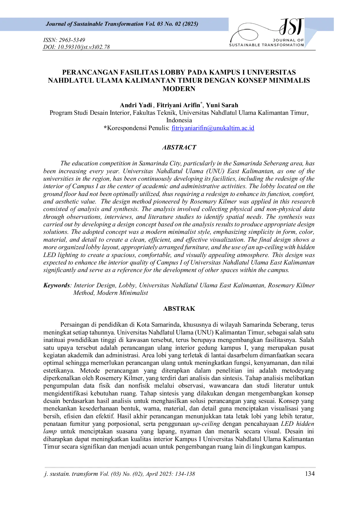 JURIS Perancangan Fasilitas Lobby Pada Kampus I Universitas Nahdlatul Ulama Kalimantan Timur dengan Konsep Minimalis Modern