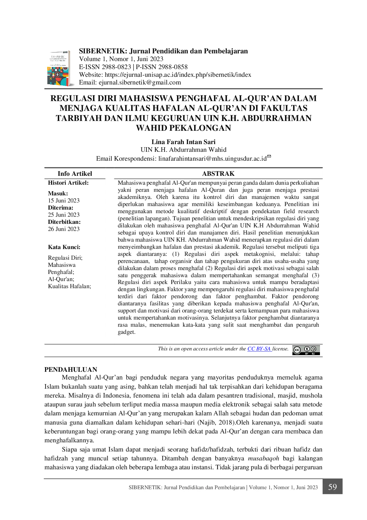 JURIS Regulasi Diri Mahasiswa Penghafal Al Qur an dalam Menjaga Kualitas Hafalan Al Qur an di Fakultas Tarbiyah dan Ilmu Keguruan UIN K H Abdurrahman Wahid Pekalongan