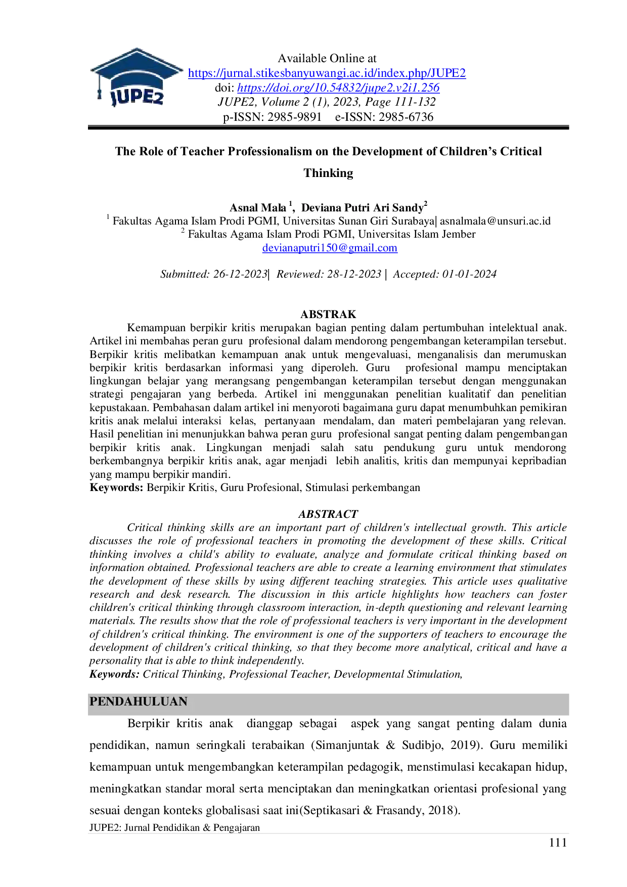 JURIS The Role of Teacher Professionalism on the Development of Children s Critical Thinking