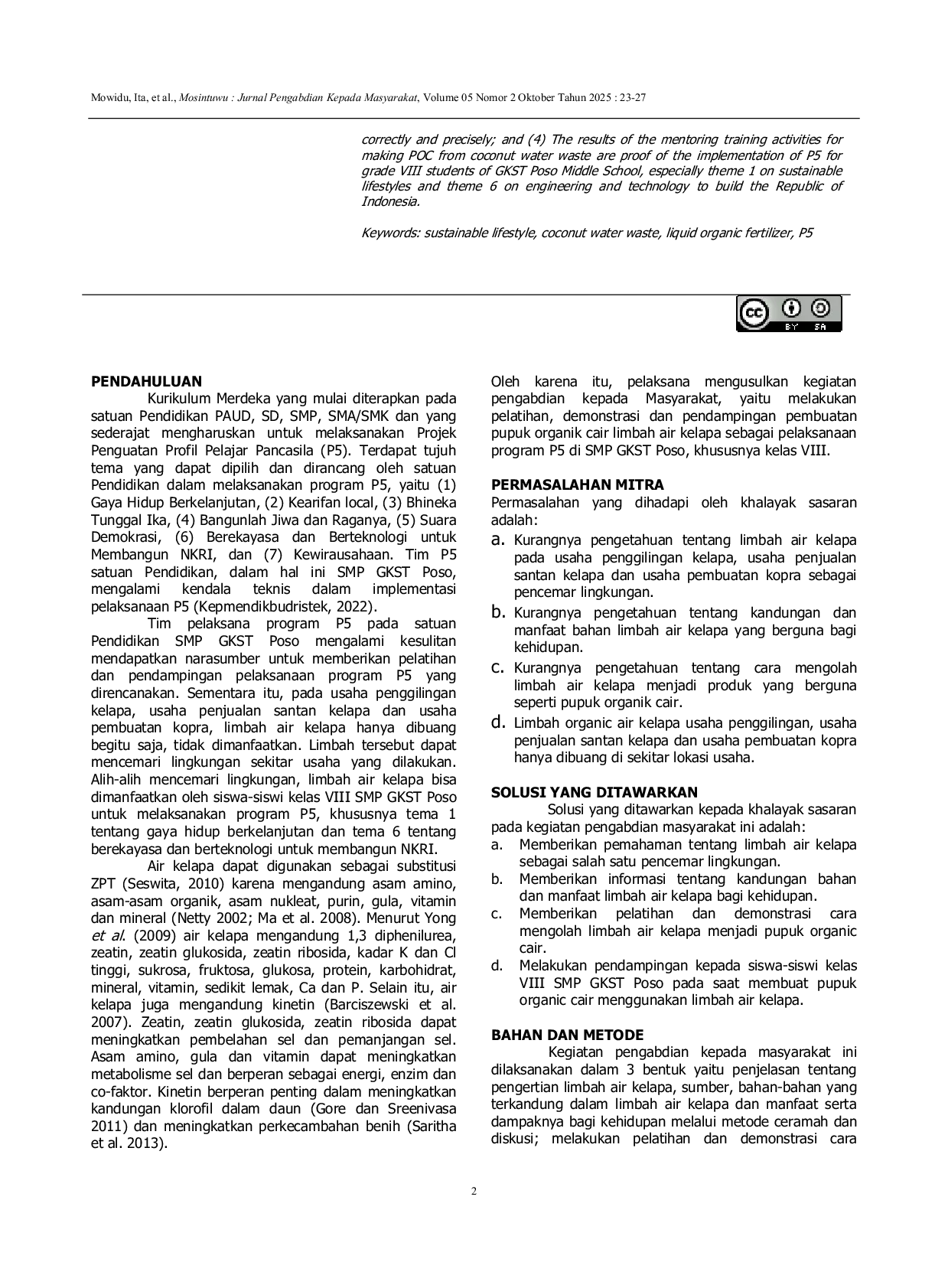 JURIS Pendampingan Pembuatan Pupuk Organik Cair Limbah Air Kelapa Sebagai Pelaksanaan P5 Di SMP GKST Poso